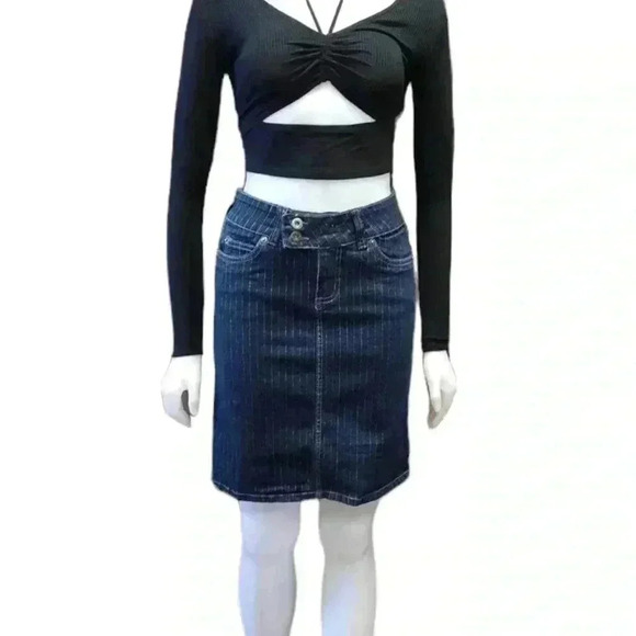 Bongo Vintage Pinstripe Denim Pencil Mini Skirt Size 5 - Picture 2 of 14
